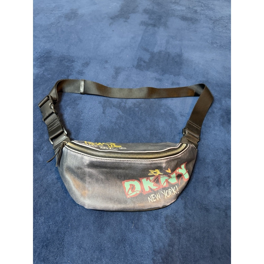 DKNY Tilly Graffiti Belt Bag Fanny Pack Black Faux Leather Streetwear Small